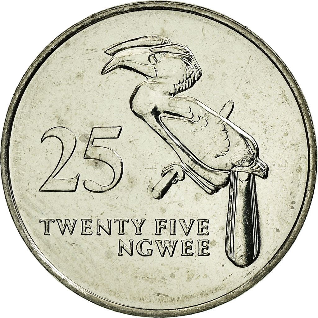 Zambia | 25 Ngwee Coin | Crowned Hornbill | Km:29 | 1992