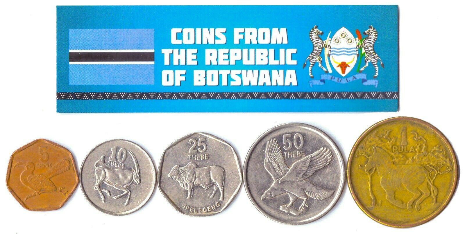 5 Botswana Coins | African Wild Animals | Thebe | Pula | 1976 - 2019