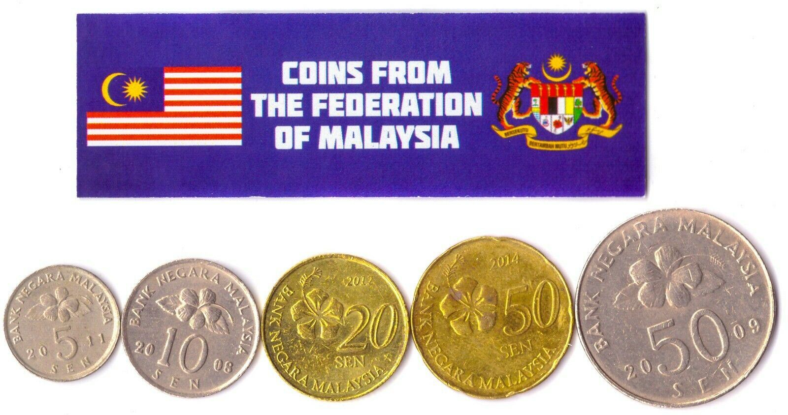 5 Malaysian Coins | Mixed Currency | Sen | Ringgit | Agong | Traditional Malayan Symbols