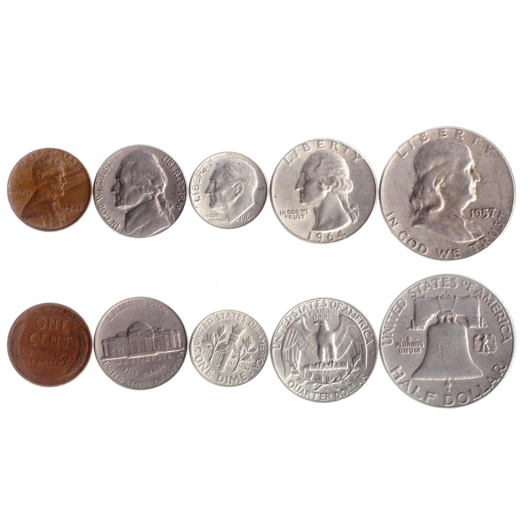 American 5 Coin Set 1 5 Cents 1 Dime ¼ ½ Dollar | Benjamin Franklin | Abraham Lincoln | Thomas Jefferson | Franklin D. Roosevelt | Eagle | Monticello | Liberty Bell | United States | 1944 - 1964