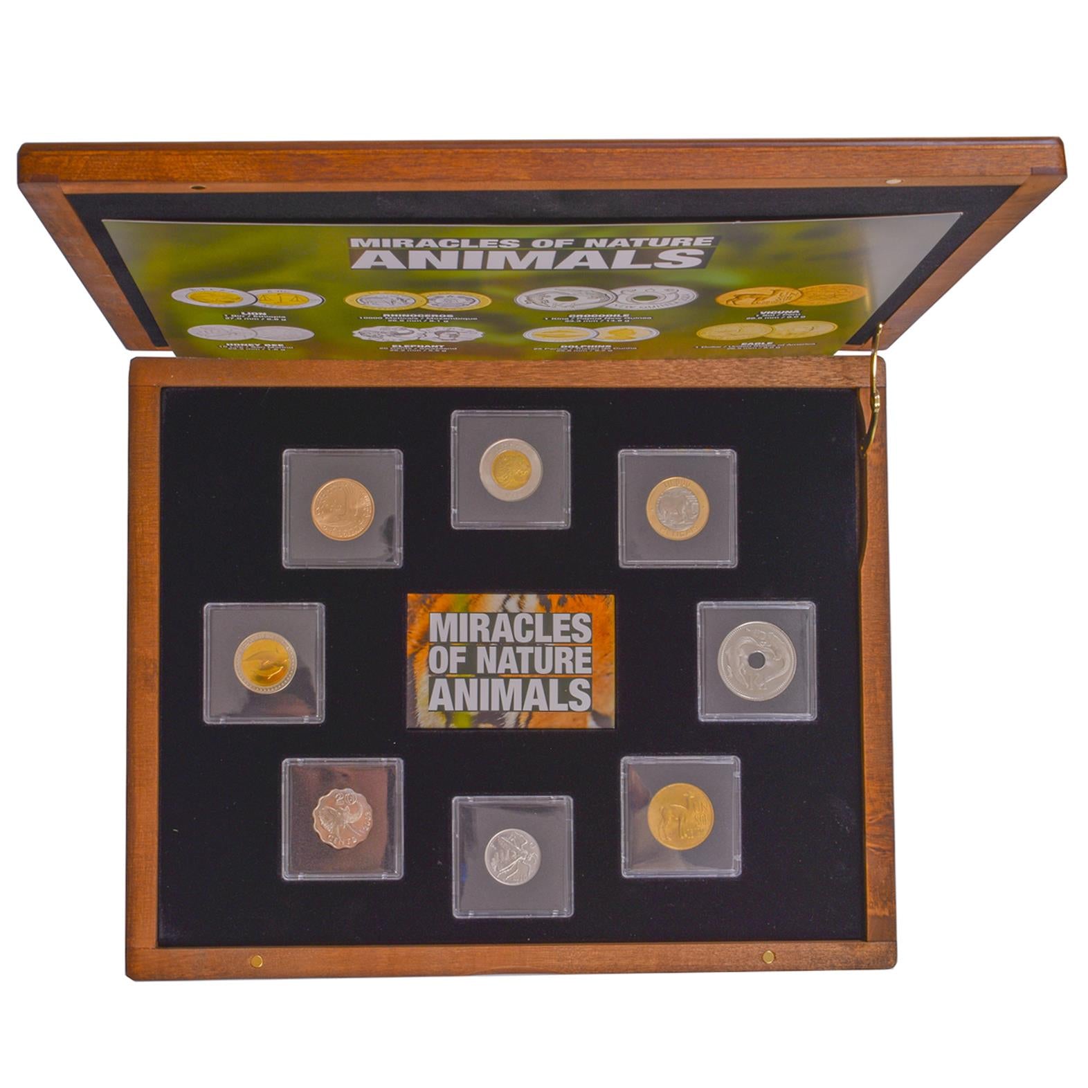 Collection of 8 Coins | World Animals | Exotic Countries | Wooden Box