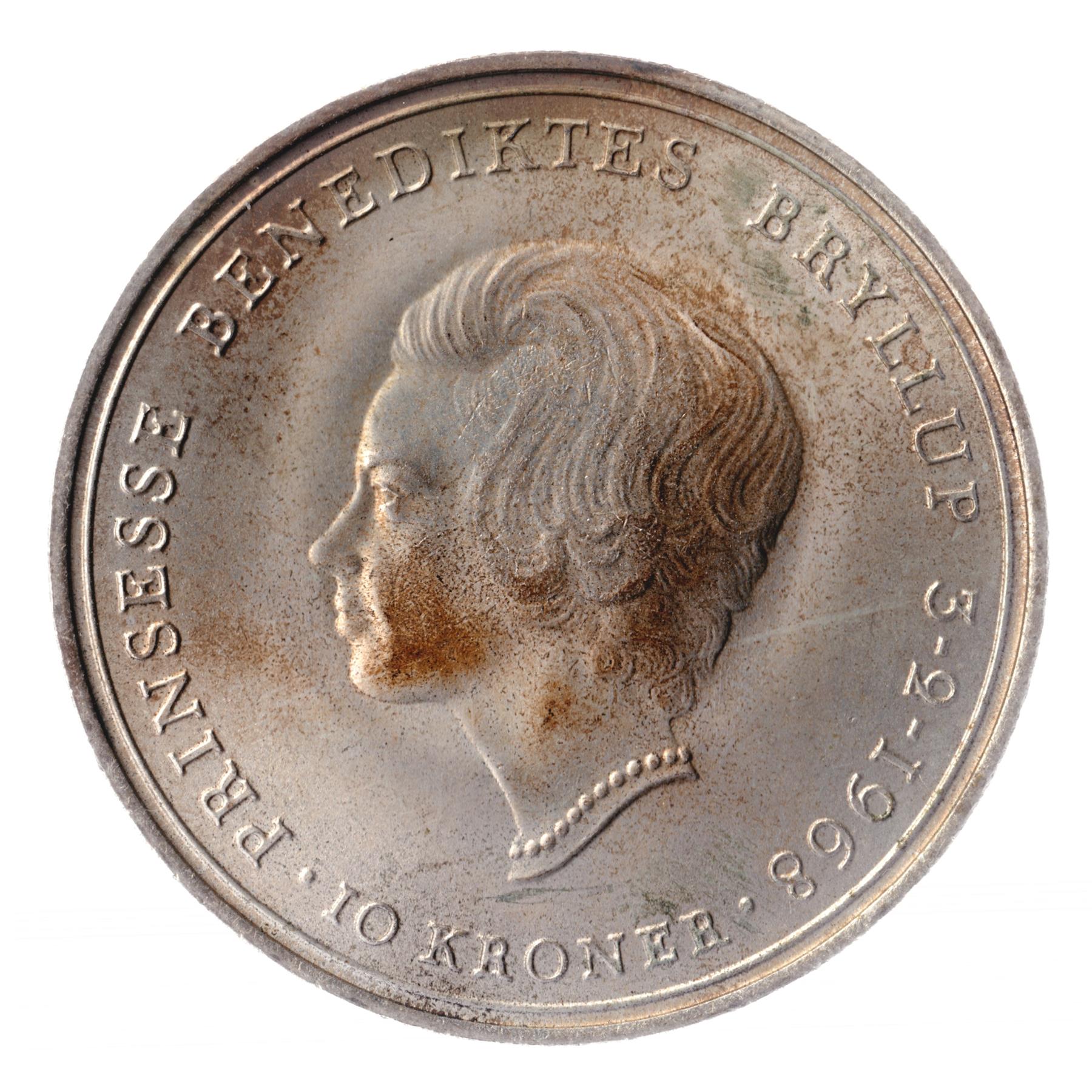 Danish Coin 10 Kroner | Frederik IX Wedding | Princess Benedikte | KM857 | Denmark | 1968