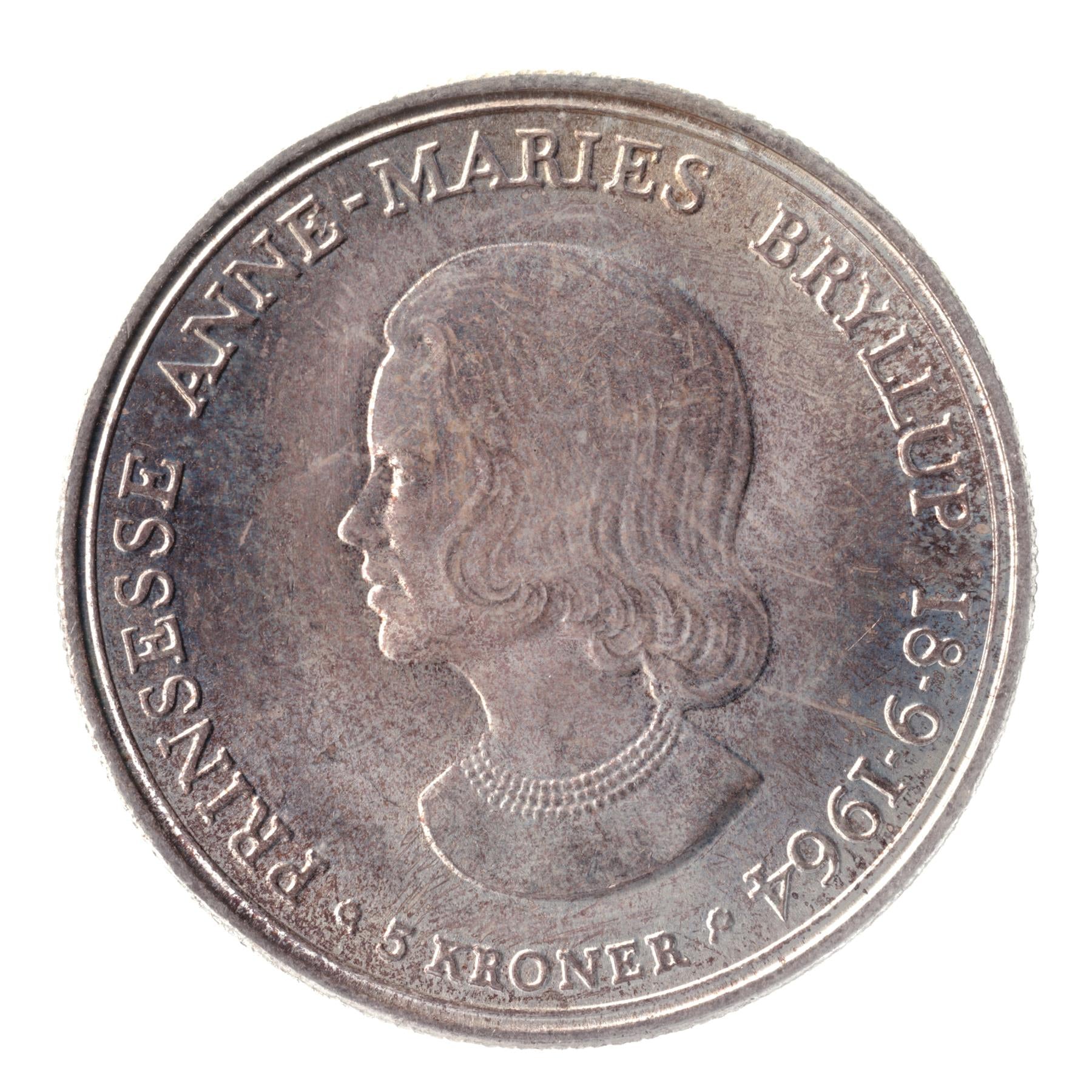 Danish Coin 5 Kroner | Frederik IX Wedding | Peincess Anne Marie | KM854 | Denmark | 1964