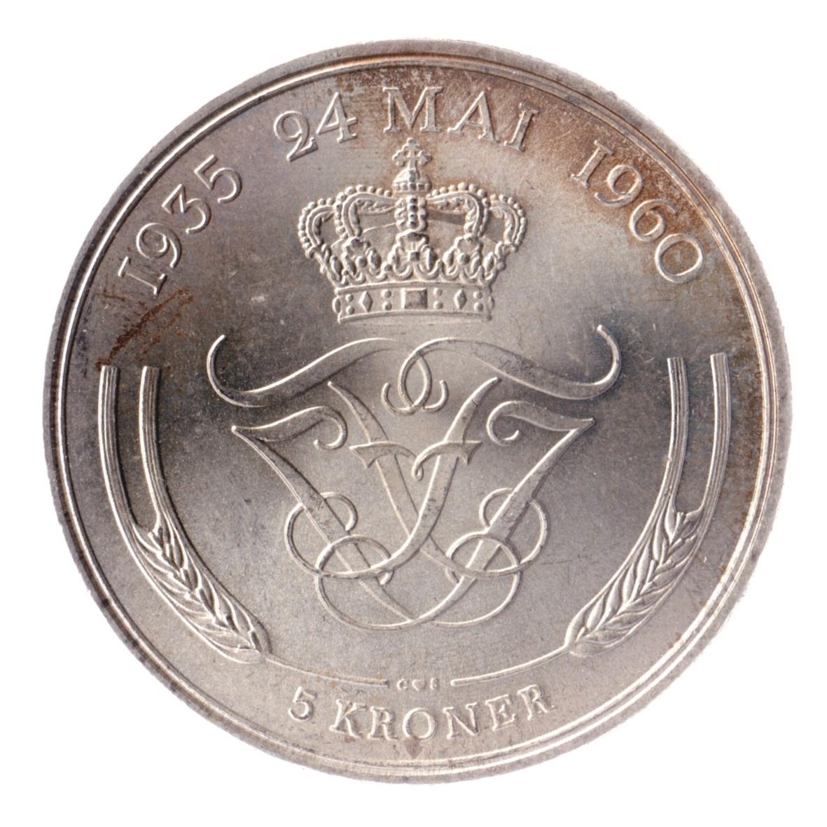 Danish Coin 5 Kroner | Queen Frederik IX Silver Wedding Anniversary | KM852 | Denmark | 1960