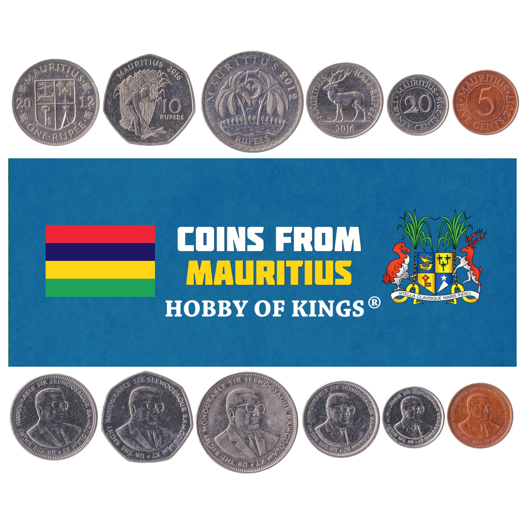 Mauritian 6 Coin Set ½ 1 5 10 Rupees 5 20 Cents | Sugar cane | Palm | Deer | Seewoosagur Ramgoolam | Sword | Stag Shield | Key | 2012 - 2010