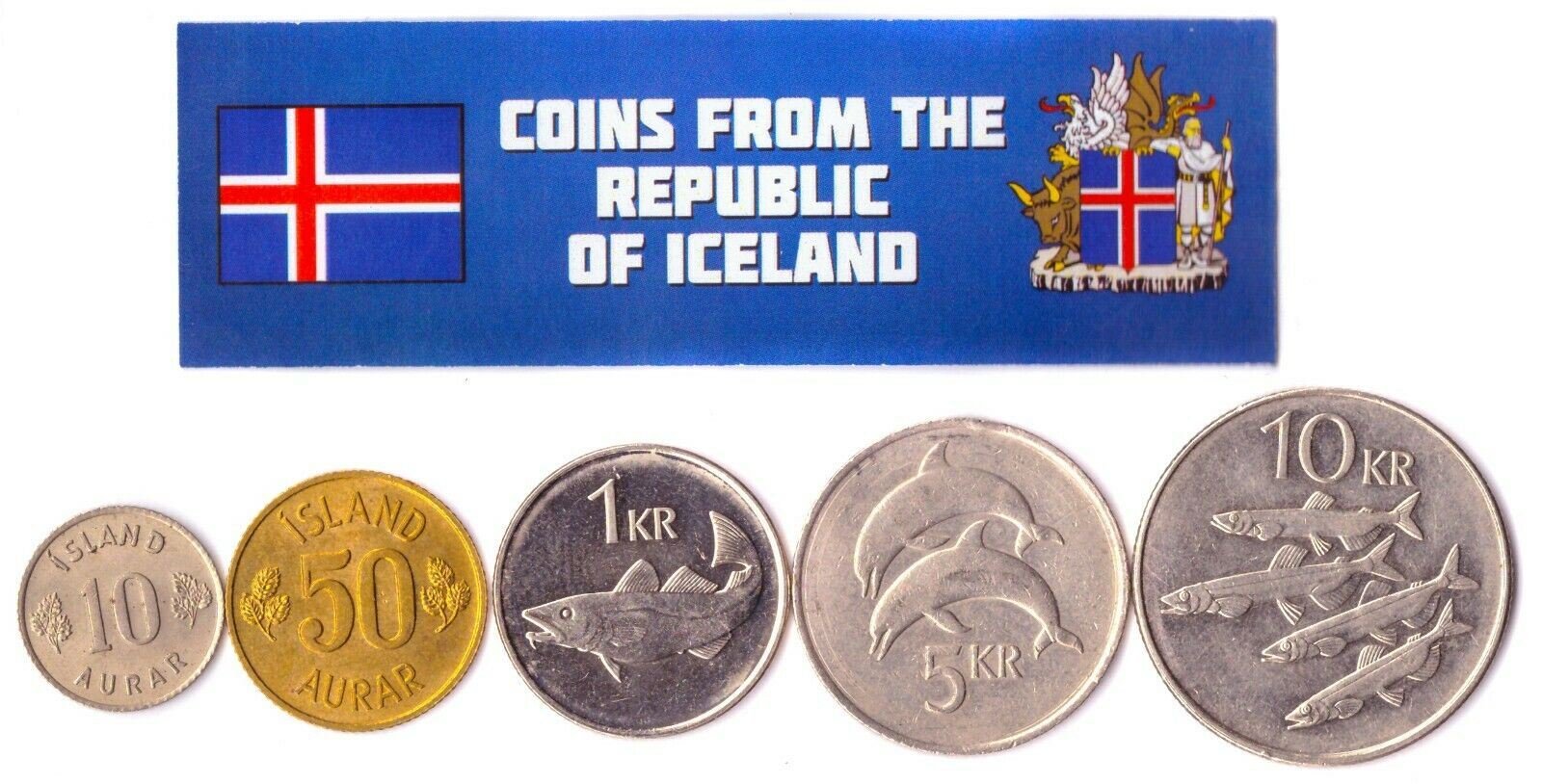 Mixed Iceland Coins | Scandinavian Island | Icelander Money | Aurar Krona Kronur | Capelin and Skate Fish | Squid | Shrimp | Codfish | Dolphins | Crab | Lumpfish | 1946 - 2011