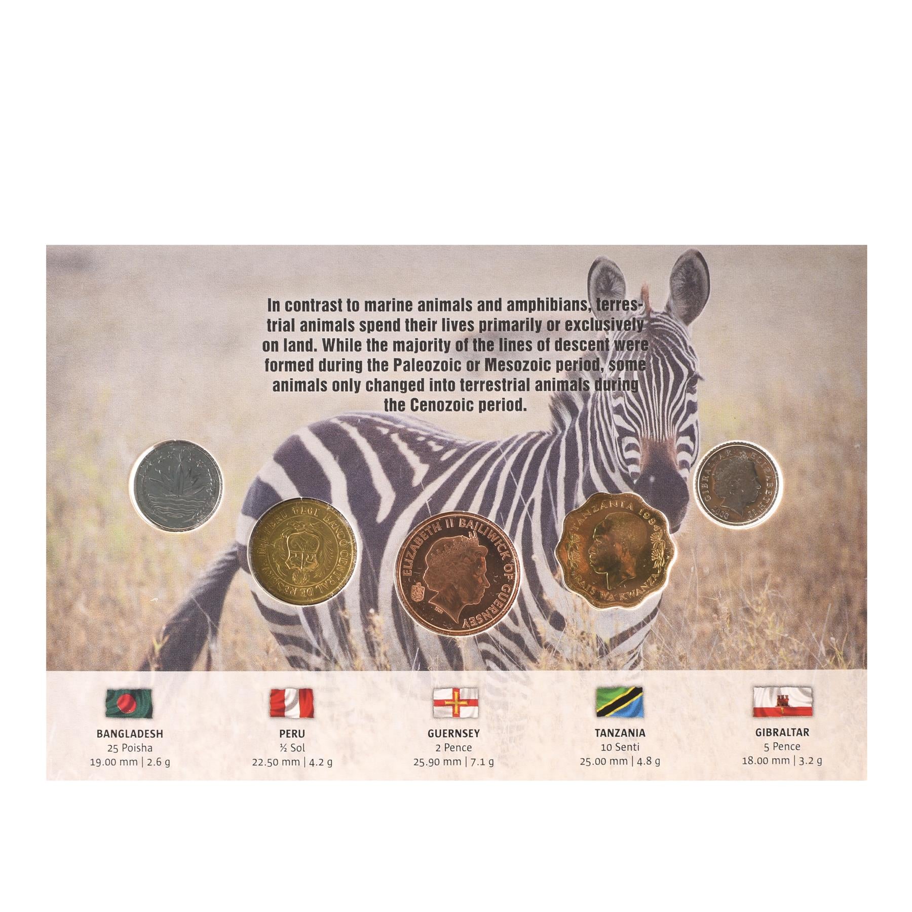 Terrestrial Animals | 5 Coin Set | Barbary Macaque | Zebra | Cow | Vicuna | Bengal Tiger