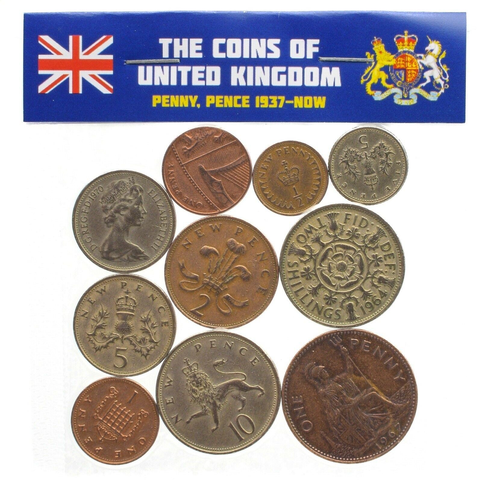 United Kingdom 10 Mixed Coins | British Currency | New Pence | Penny | Farthing | Shilling | Pound | 1953 - 2020