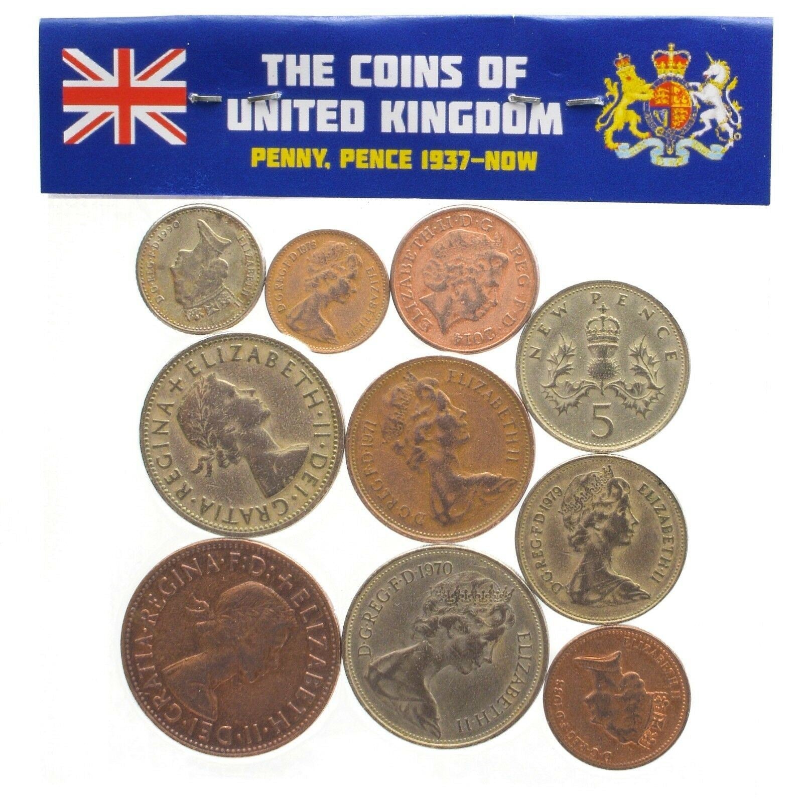 United Kingdom 10 Mixed Coins | British Currency | New Pence | Penny | Farthing | Shilling | Pound | 1953 - 2020