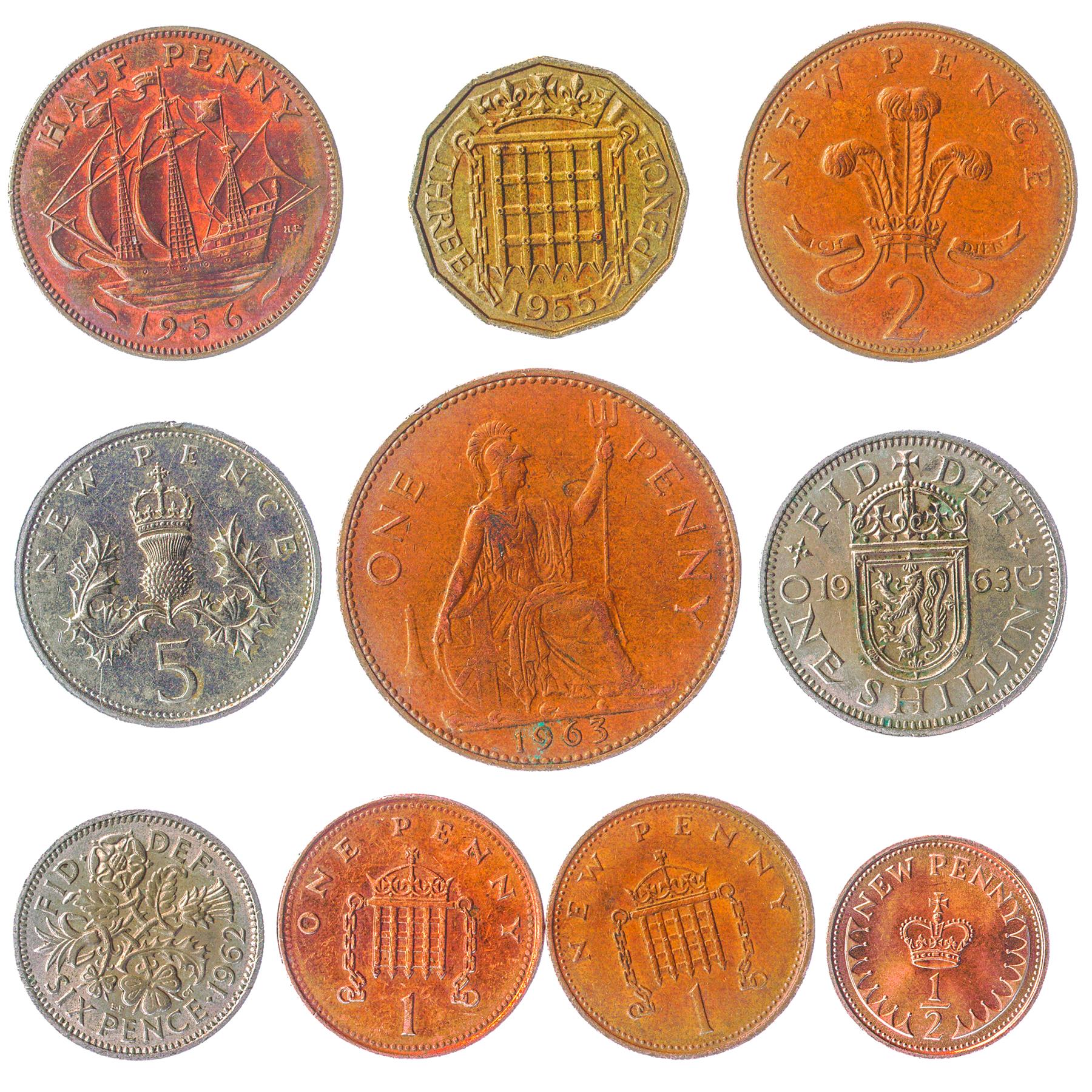 United Kingdom 10 Mixed Coins | British Currency | New Pence | Penny | Farthing | Shilling | Pound | 1953 - 2020