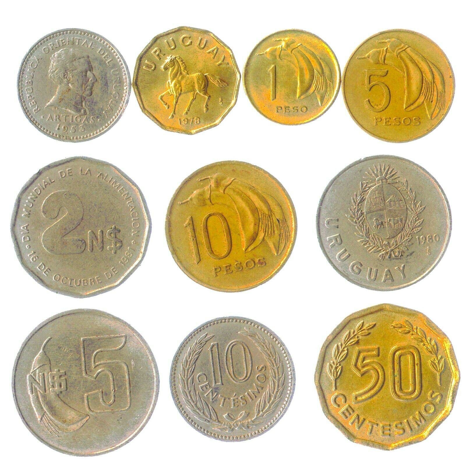 Uruguay 10 Mixed Coins | Centesimos | New Pesos | Radiant sun | Exotic Animals | 1968 - 2020