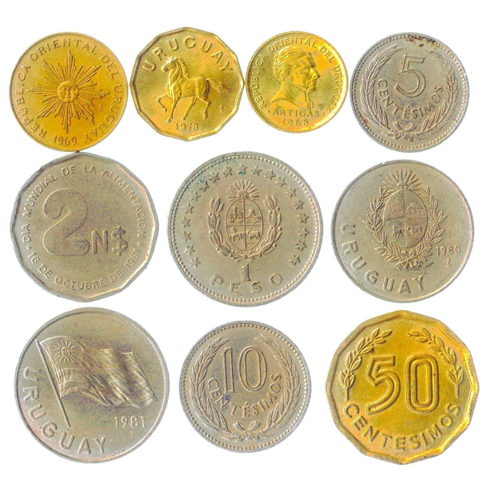 Uruguay 10 Mixed Coins | Centesimos | New Pesos | Radiant sun | Exotic Animals | 1968 - 2020