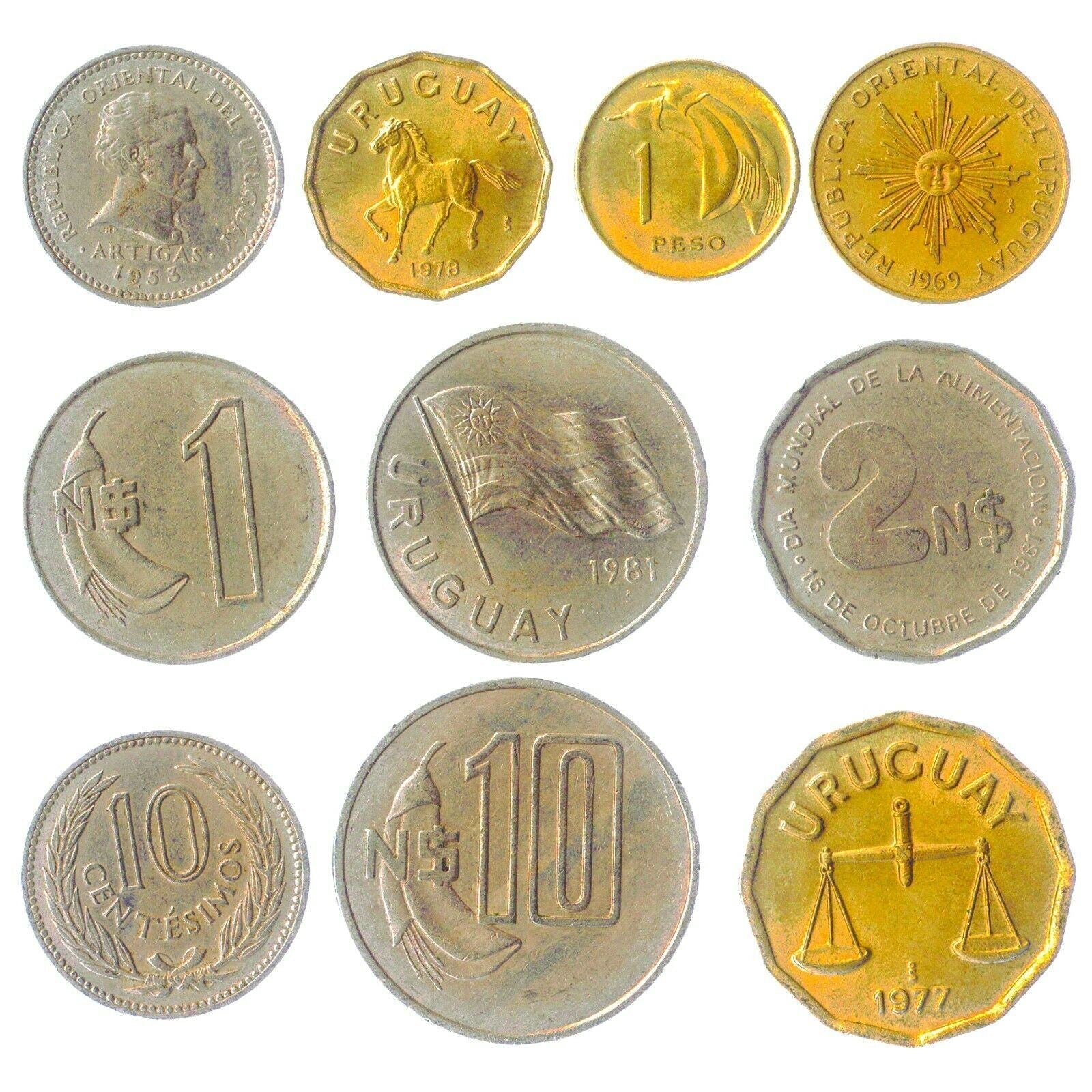 Uruguay 10 Mixed Coins | Centesimos | New Pesos | Radiant sun | Exotic Animals | 1968 - 2020