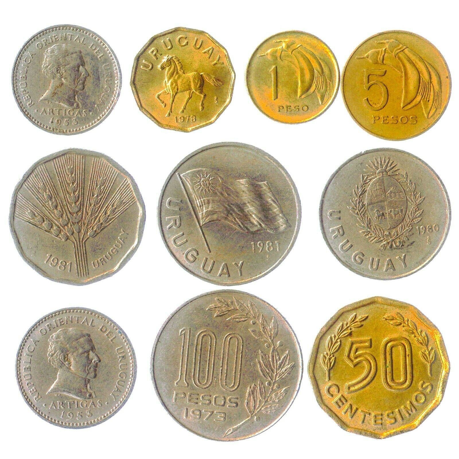 Uruguay 10 Mixed Coins | Centesimos | New Pesos | Radiant sun | Exotic Animals | 1968 - 2020