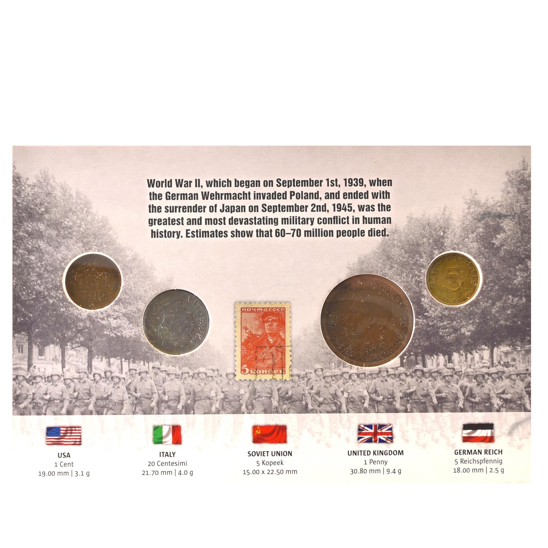 World War II | 4 Coin Set and Soviet Postage Stamp | German Reich | United Kingdom | Italy | USA | 1939 - 1945